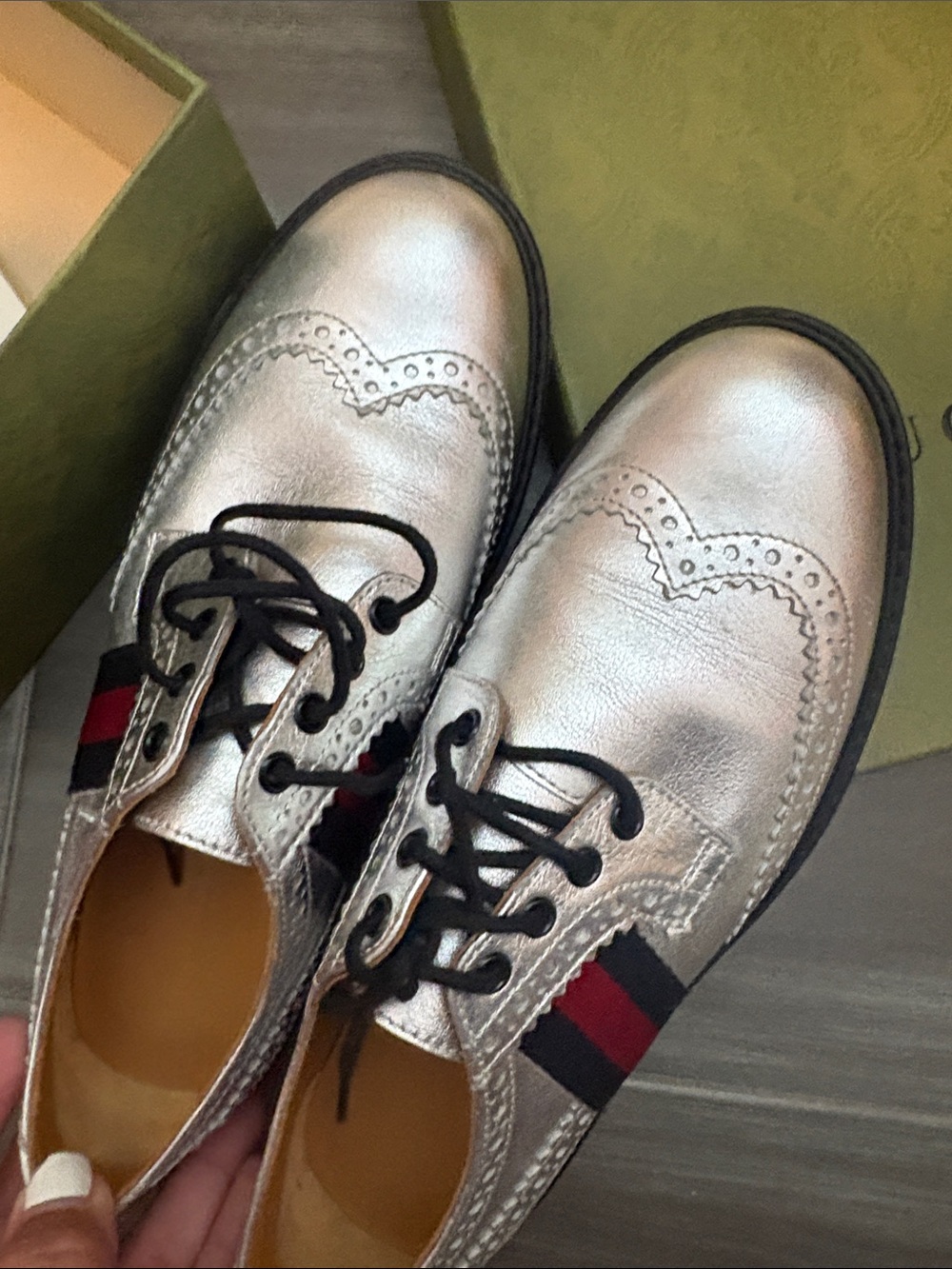 Gucci Silver Wingtip Oxfords with Red & Black Web Stripe kids unisex